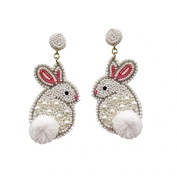 Lily Posh Beaded Bunny Rabbit Earrings Pearl Pom Pom Easter Spring- NWT - Picture 3 of 5